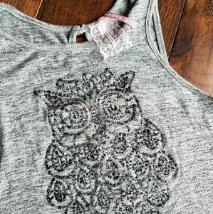 MAUVE Sparkly Green shirt with black Owl tank top Hi/Low Sleeveless shirt